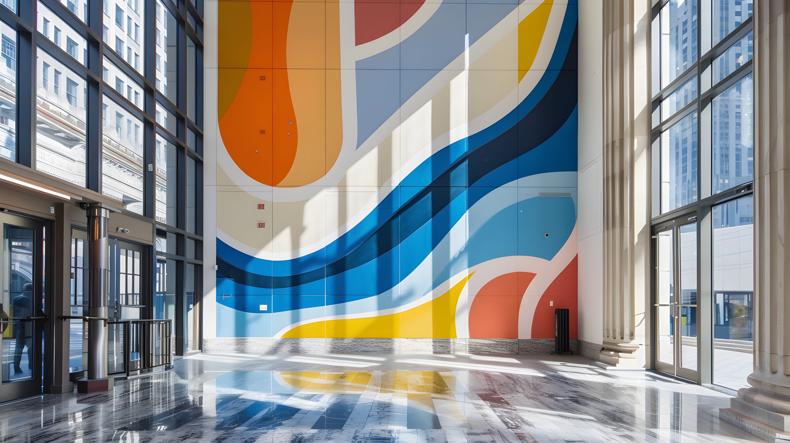 A modern colorful mural adorns the wall of an office building’s main entrance hall with large windows on either side and marble floors. The mural features abstract waves in shades of blue. orange